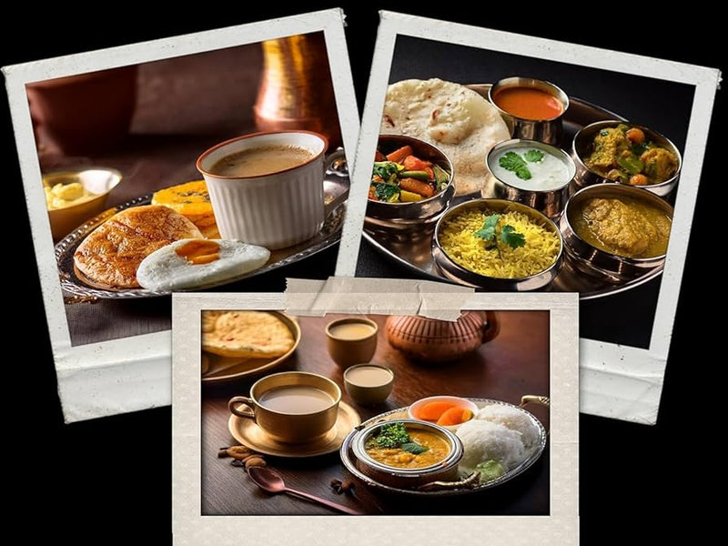 Three images of a meal with tea and various dishes on a dark background