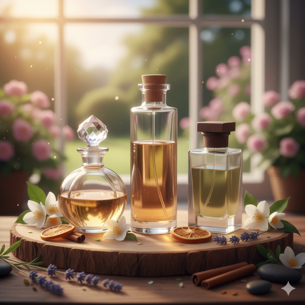 Three glass bottles with liquid on a wooden board with flowers and herbs in the background