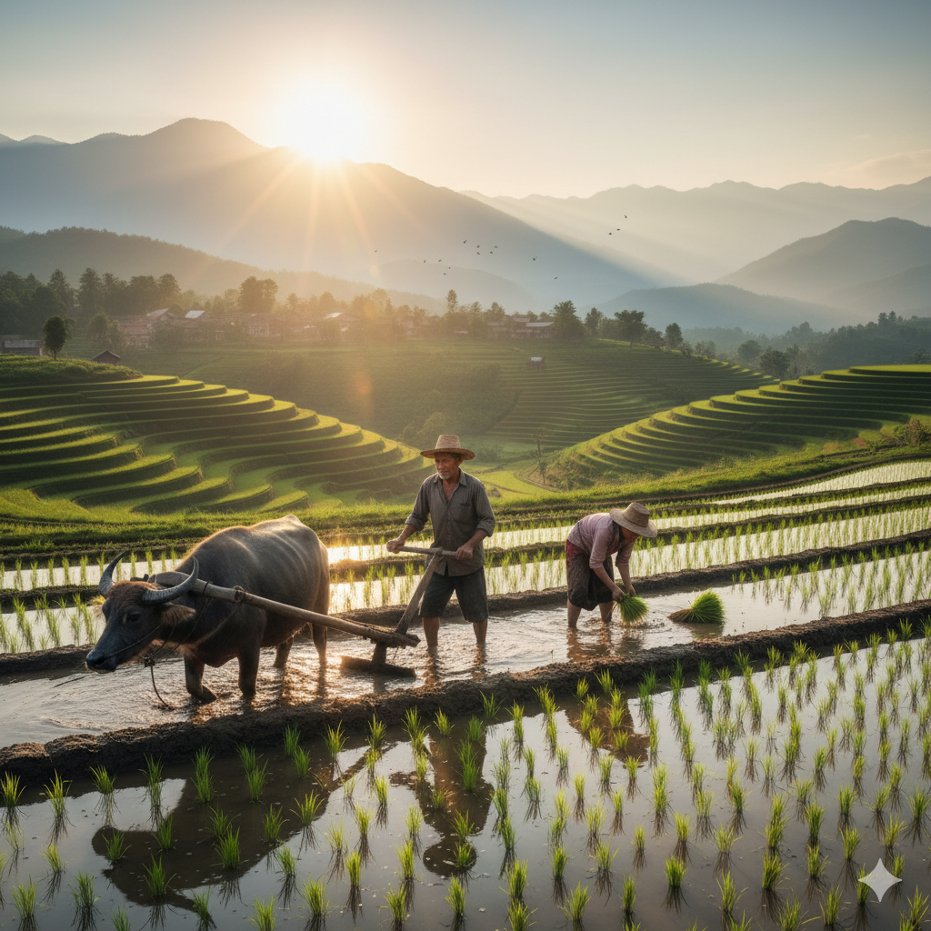 Two farmers working in rice fields with a water buffalo at sunset.