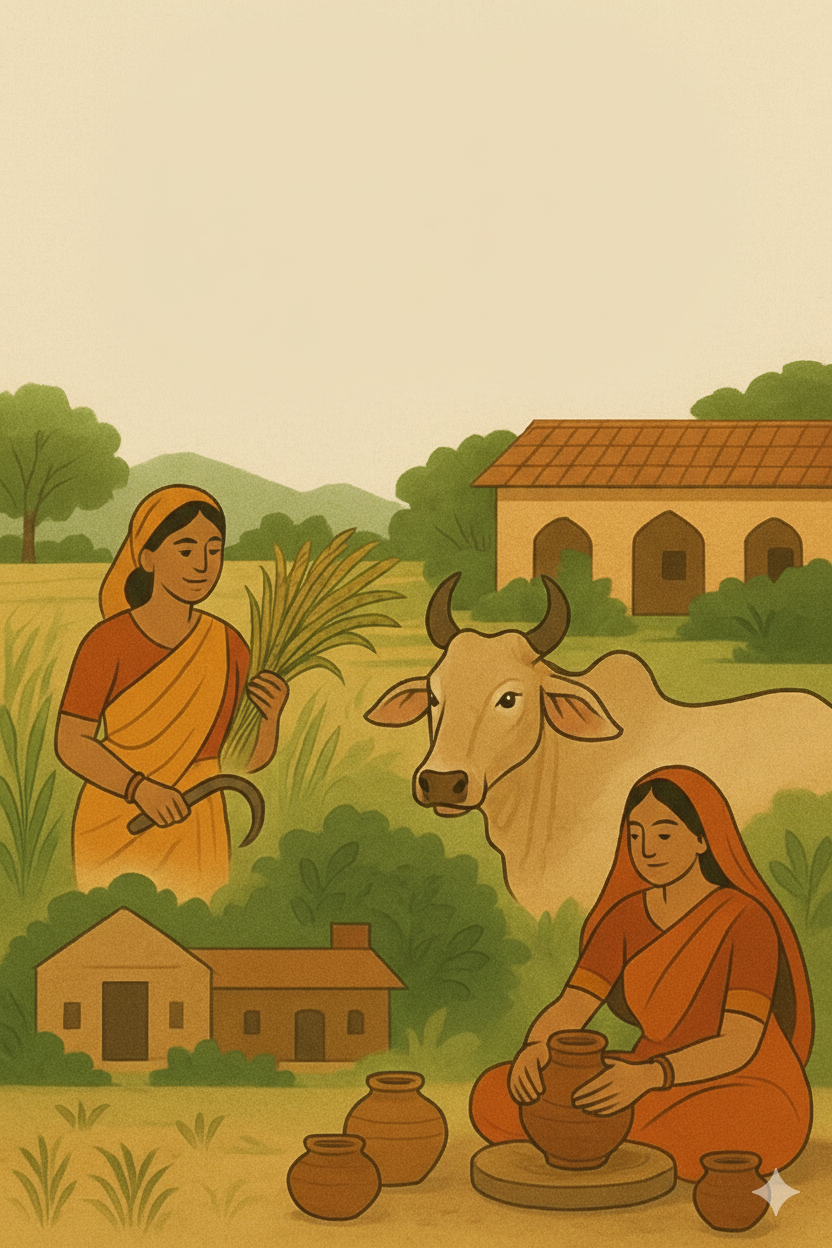 Illustration of a woman working with a cow and another woman in a field with a village background.