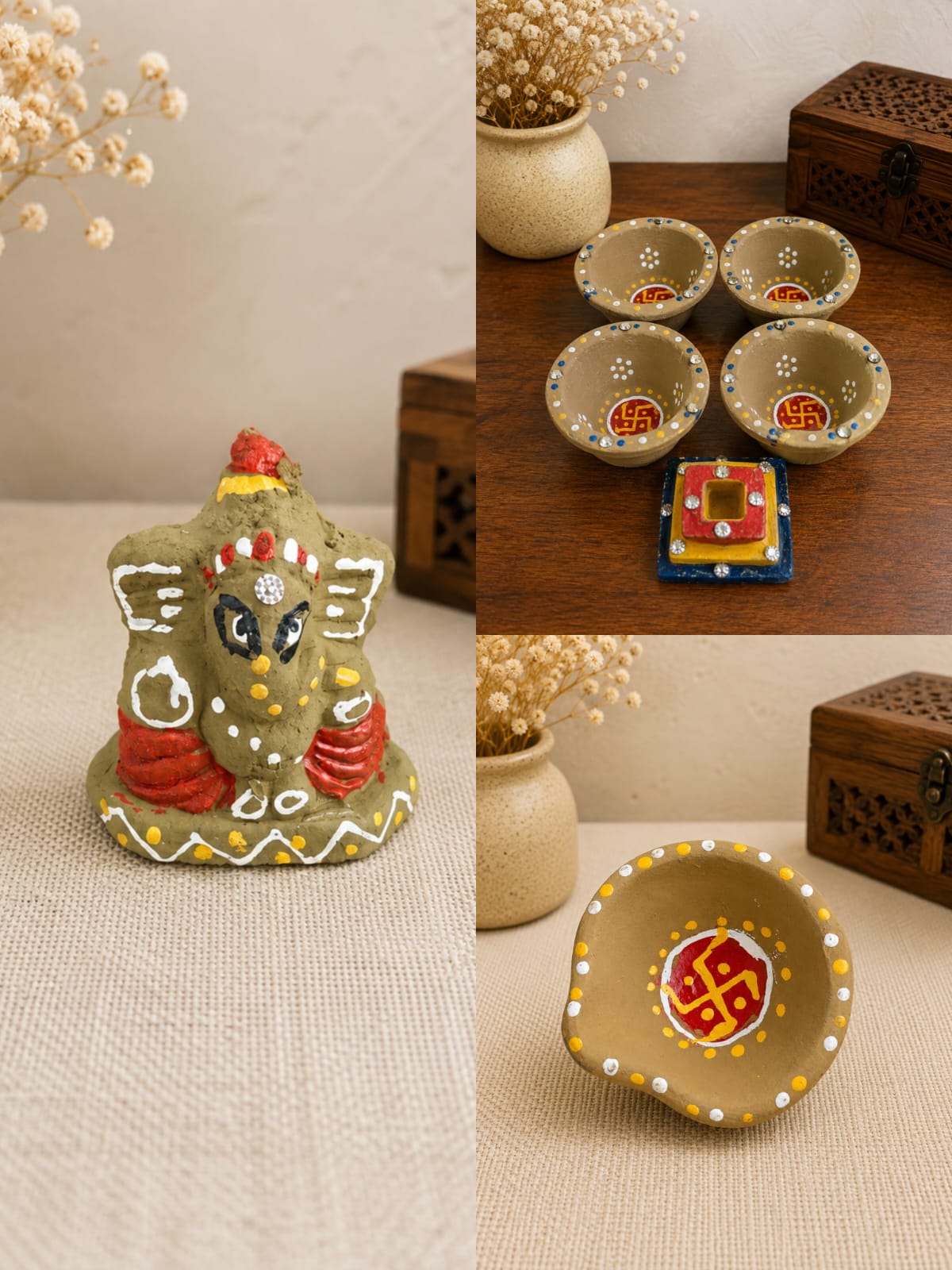 Gomay Hand-Painted Pooja Thali Set with Mirror Work