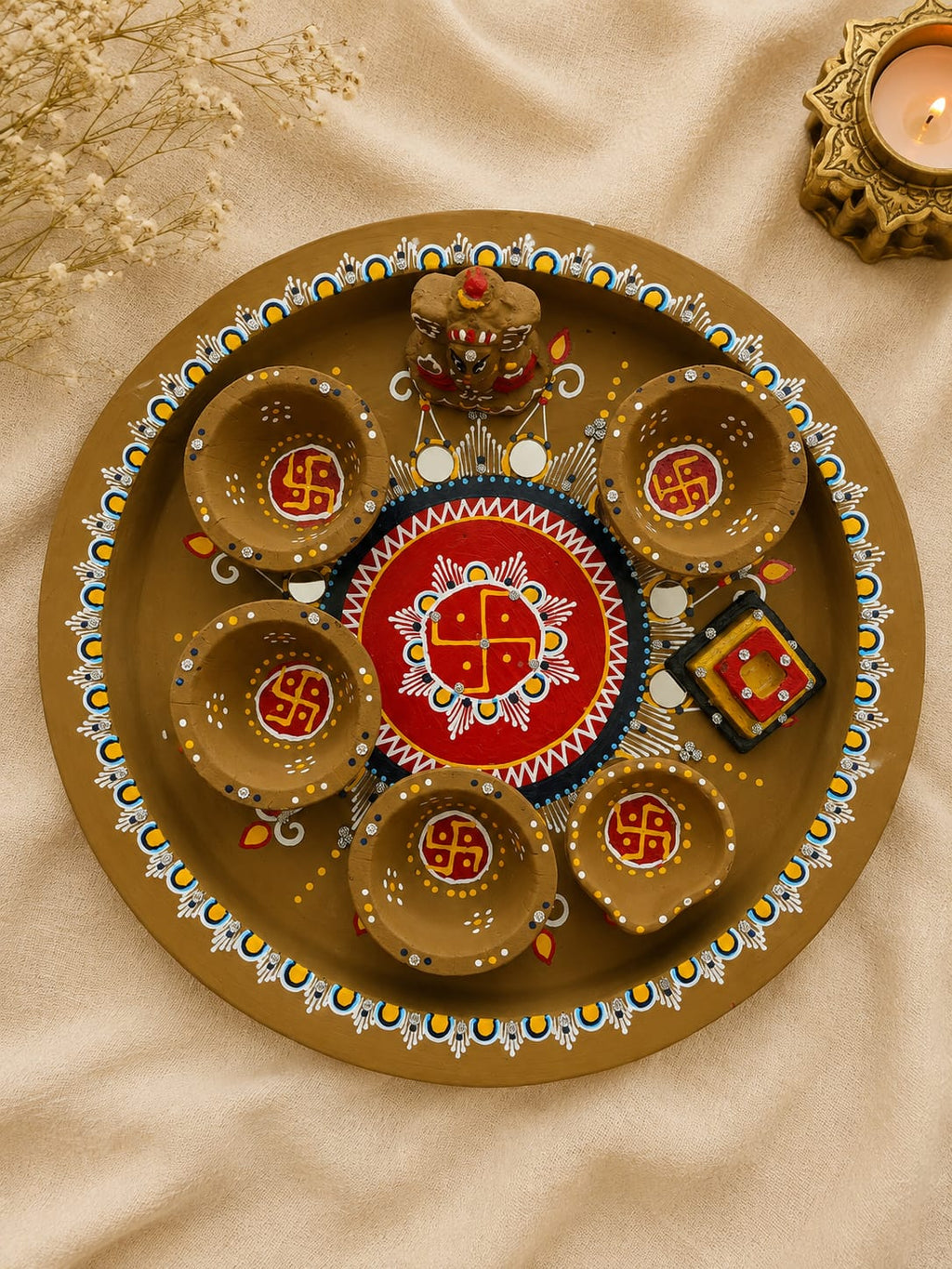Gomay Hand-Painted Pooja Thali Set with Mirror Work
