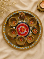 Gomay Hand-Painted Pooja Thali Set with Mirror Work