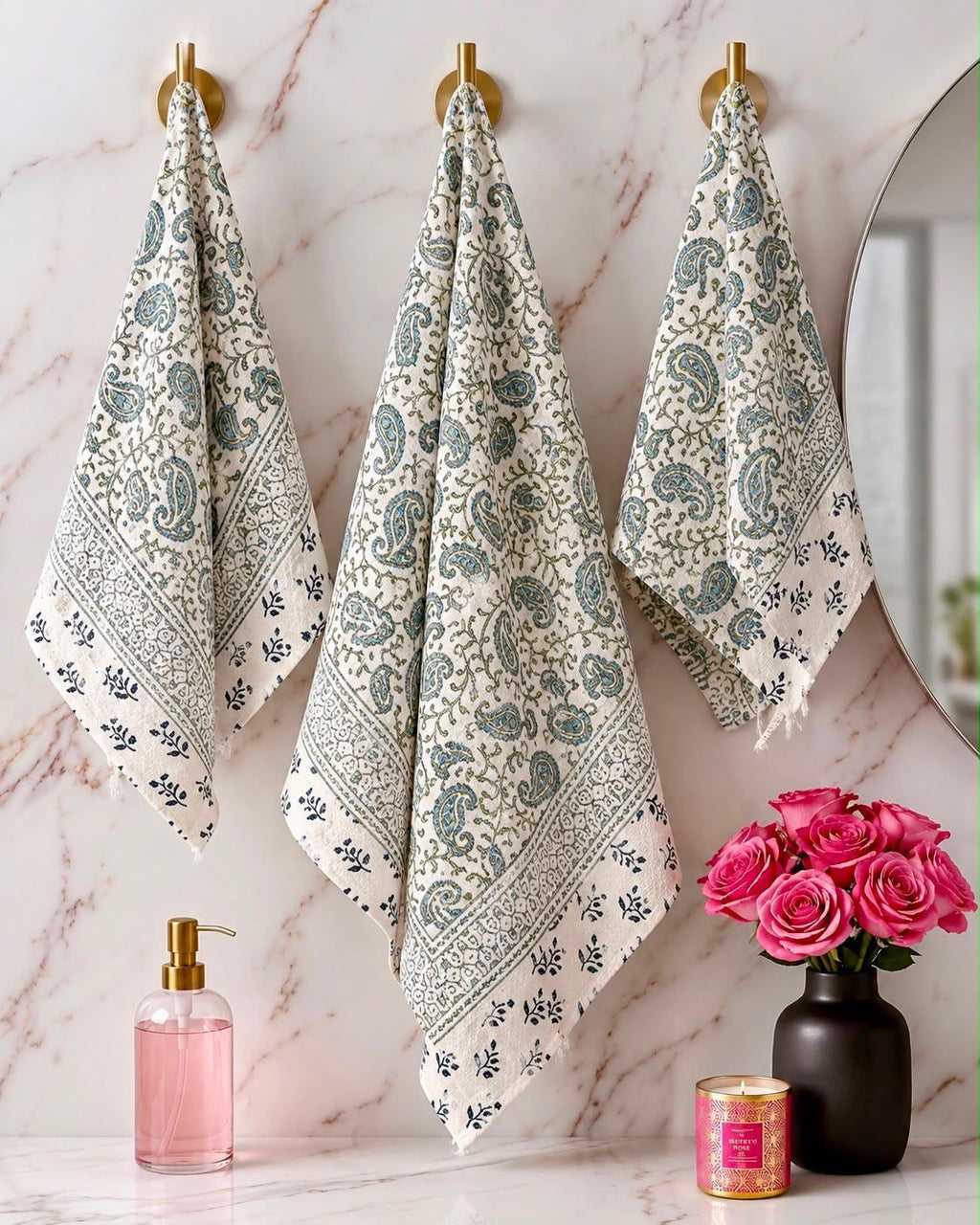 Premium Hand Block Printed Waffle Towel Set – 3 Pieces