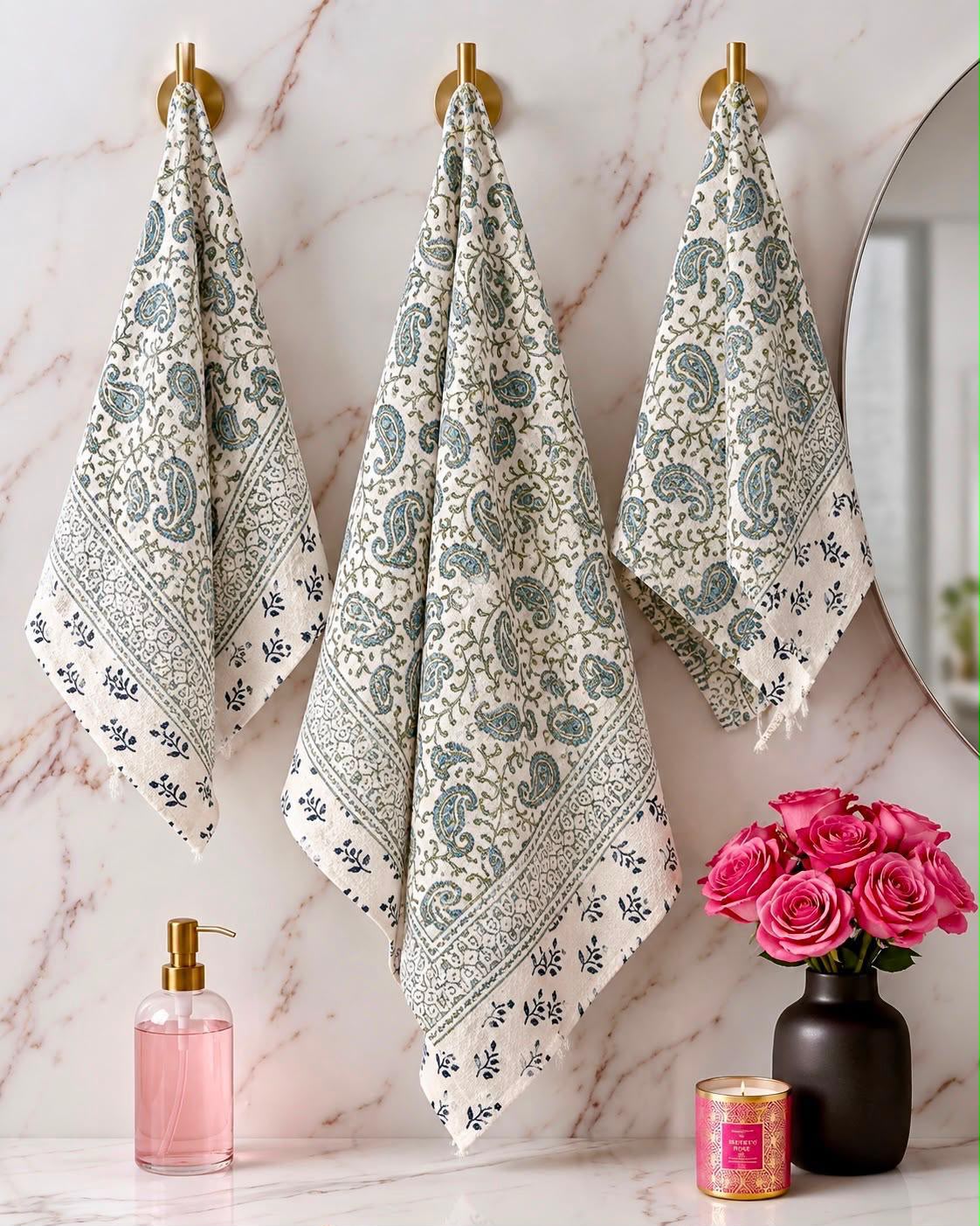 Premium Hand Block Printed Waffle Towel Set – 3 Pieces