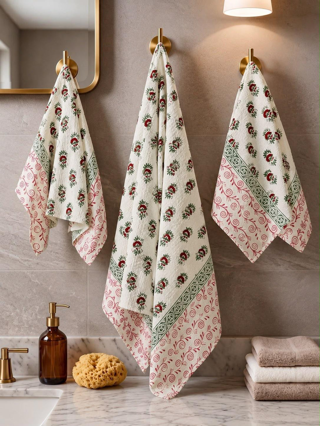 Premium Hand Block Printed Waffle Towel Set – 3 Pieces