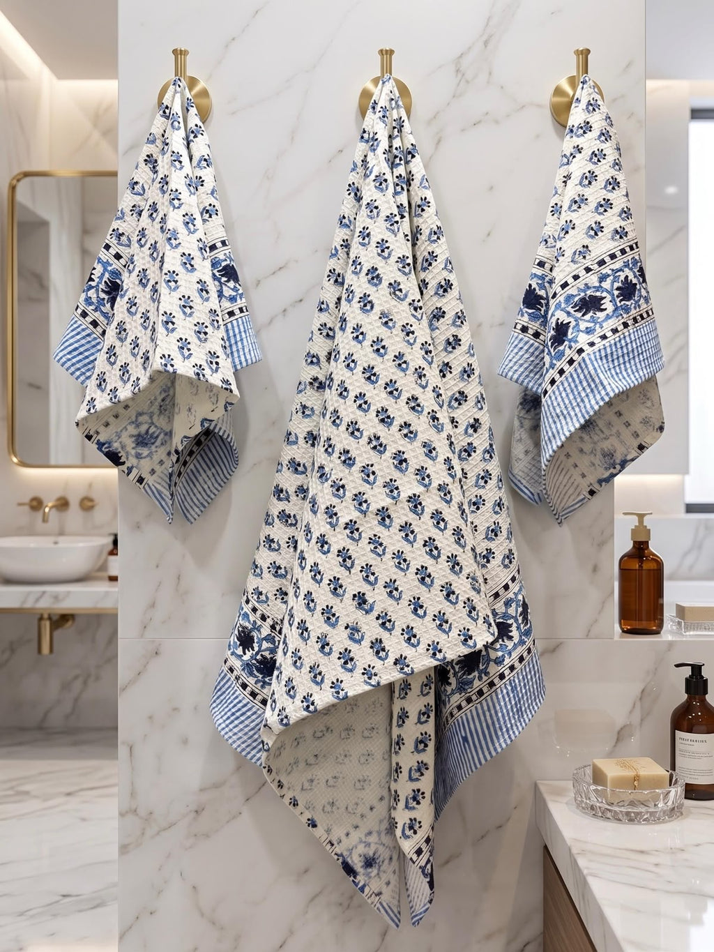 Premium Hand Block Printed Waffle Towel Set – 3 Pieces