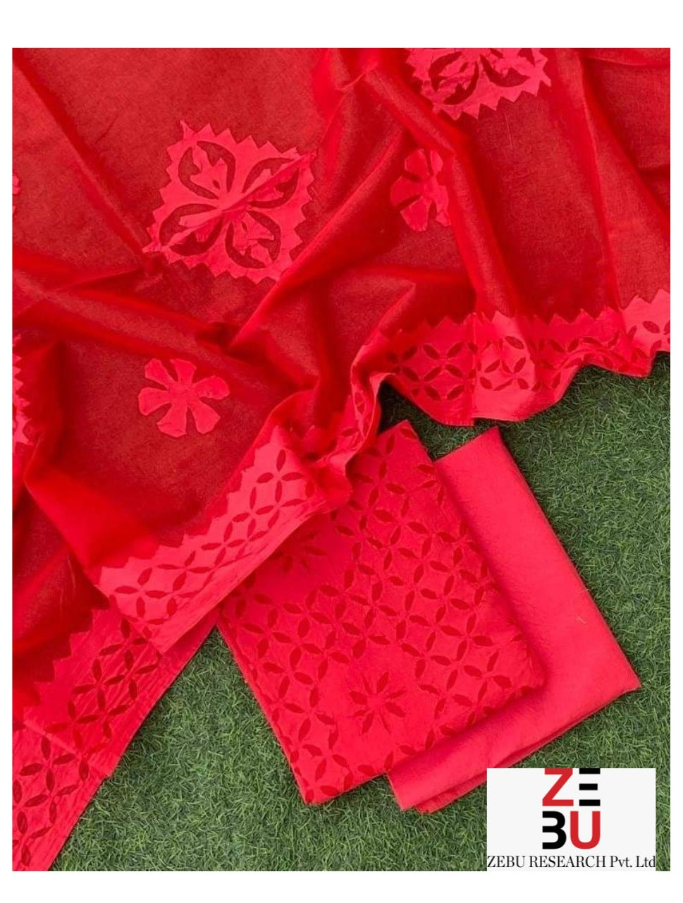 Red hues: Heritage Appliqué Cotton Suit Set with Organdy Dupatta