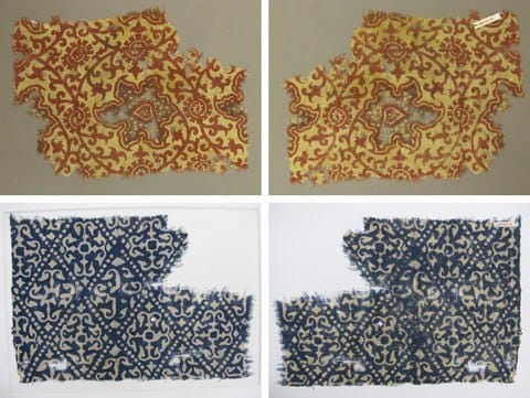 Four samples of patterned fabric in different colors on a plain background